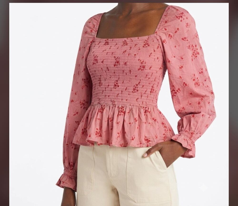 Dizzy Lizzy Women's Smocked Peplum Long Sleeve Blouse Pink/Red Sz M Valentine